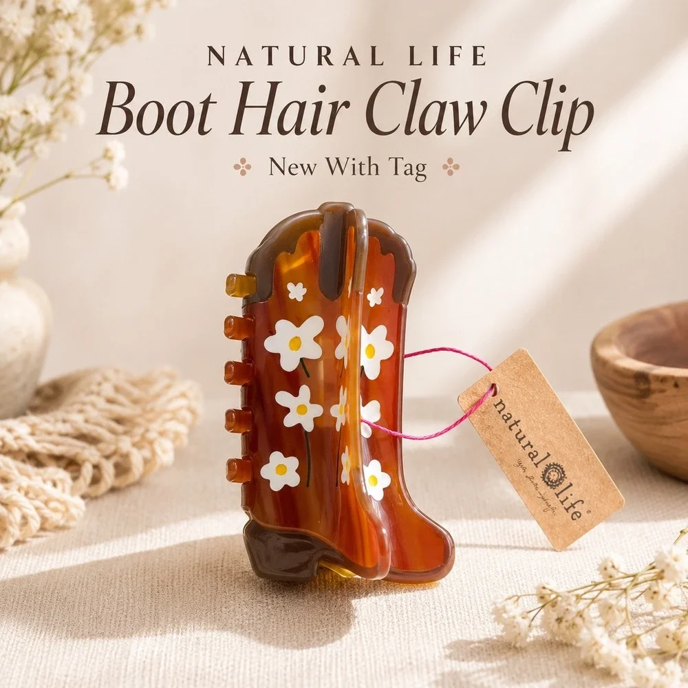 Natural Life Cowboy Boot Hair Claw Clip Brown Floral Western Cowgirl NWT